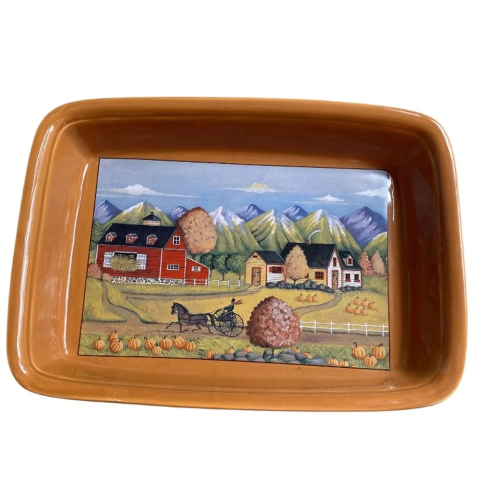 Russ Berrie Autumn Harvest Farm Ceramic Casserole Dish Fall Country Decor